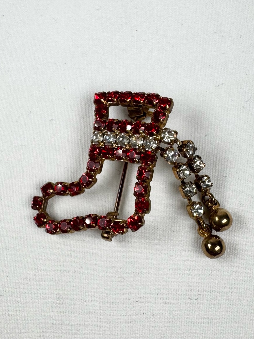 Vintage Rhinestone Mini Christmas Stocking Brooch Pin with Dangling Accents